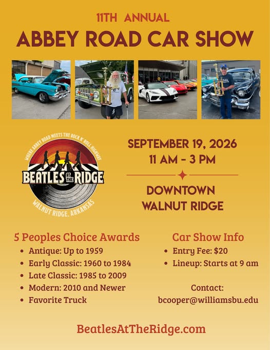11th Annual Abbey Road Car Show event at Downtown Walnut Ridge in Walnut Ridge, AR on September 19, 2026
