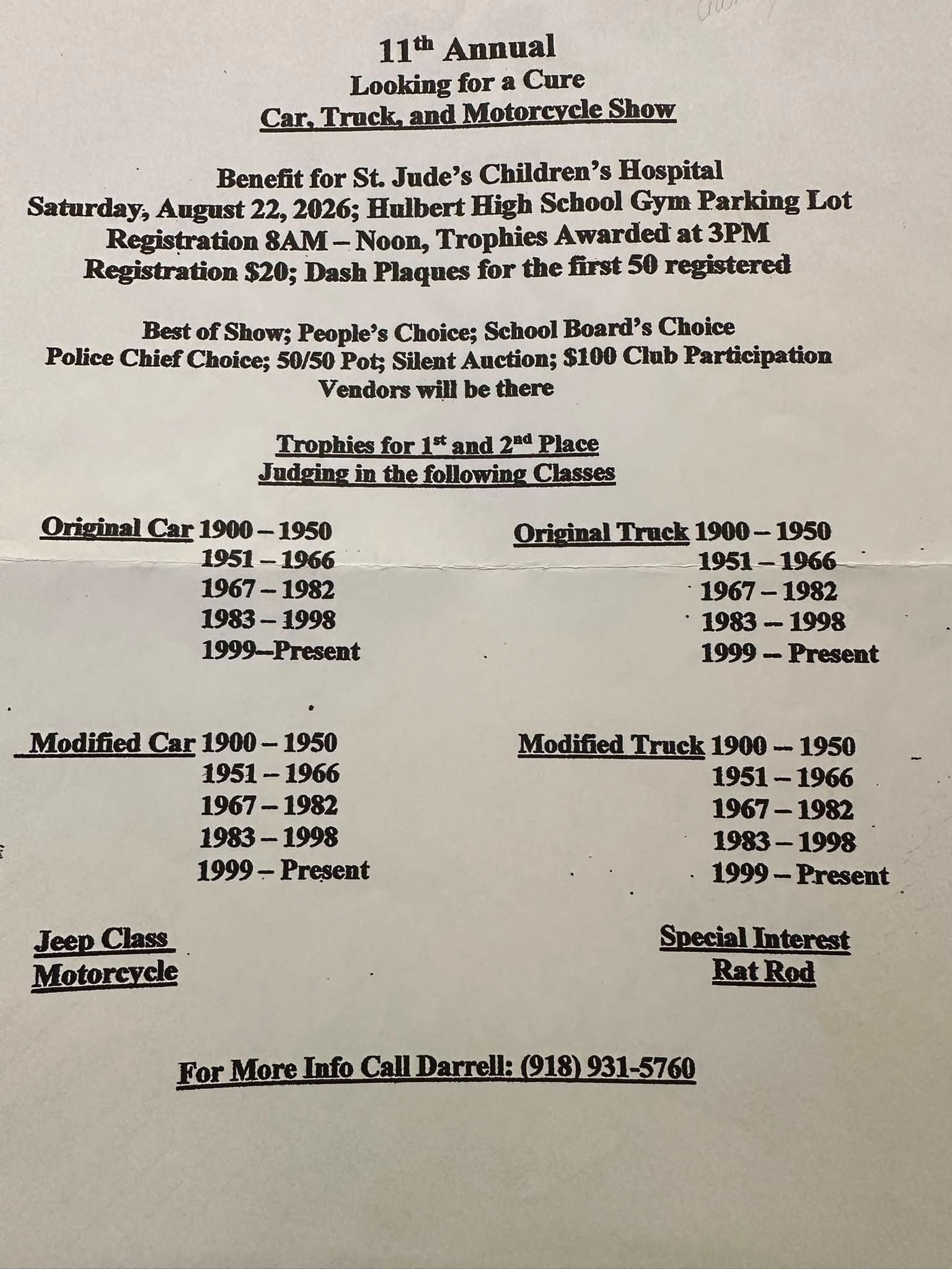 11th Annual Looking for a Cure Car, Truck, and Motorcycle Show event at Hulbert High School Gym Parking Lot in Hulbert, OK on August 22, 2026