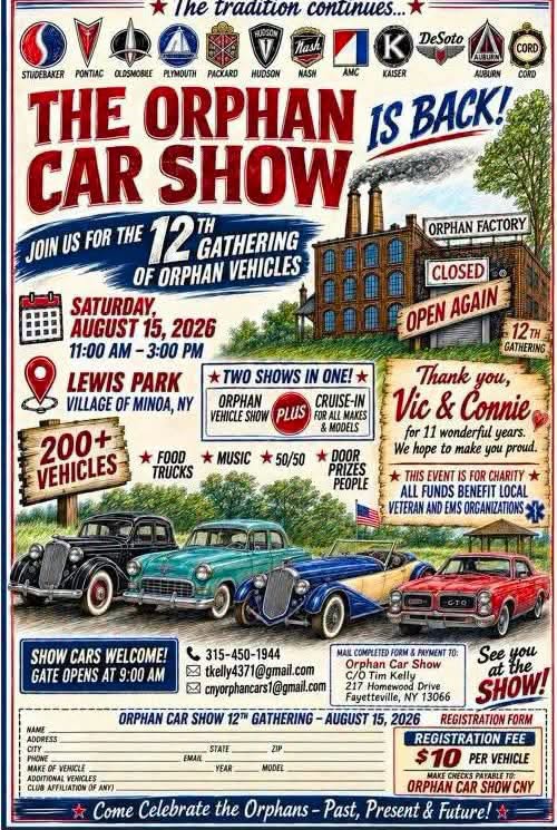 12th Gathering of Orphan Vehicles event at Lewis Park in Minoa, NY on August 15, 2026