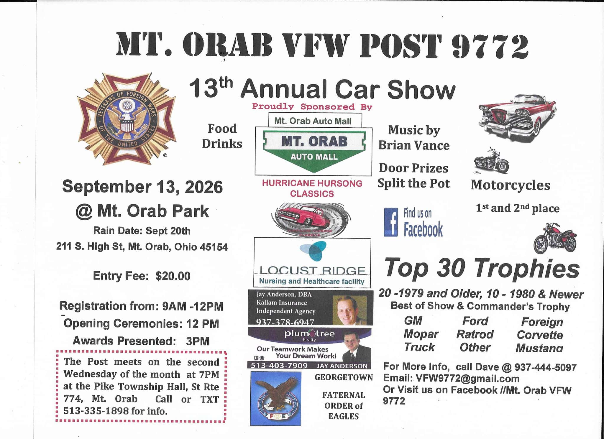 13th Annual Car Show at Mt. Orab VFW Post 9772 event at Mt. Orab Community Park in Mount Orab, OH on September 13, 2026
