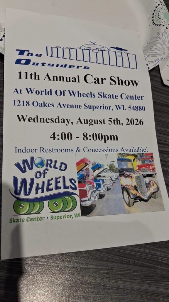 The Outsiders 11th Annual Car Show event at World of Wheels Skate Center in Superior, WI on August 5, 2026