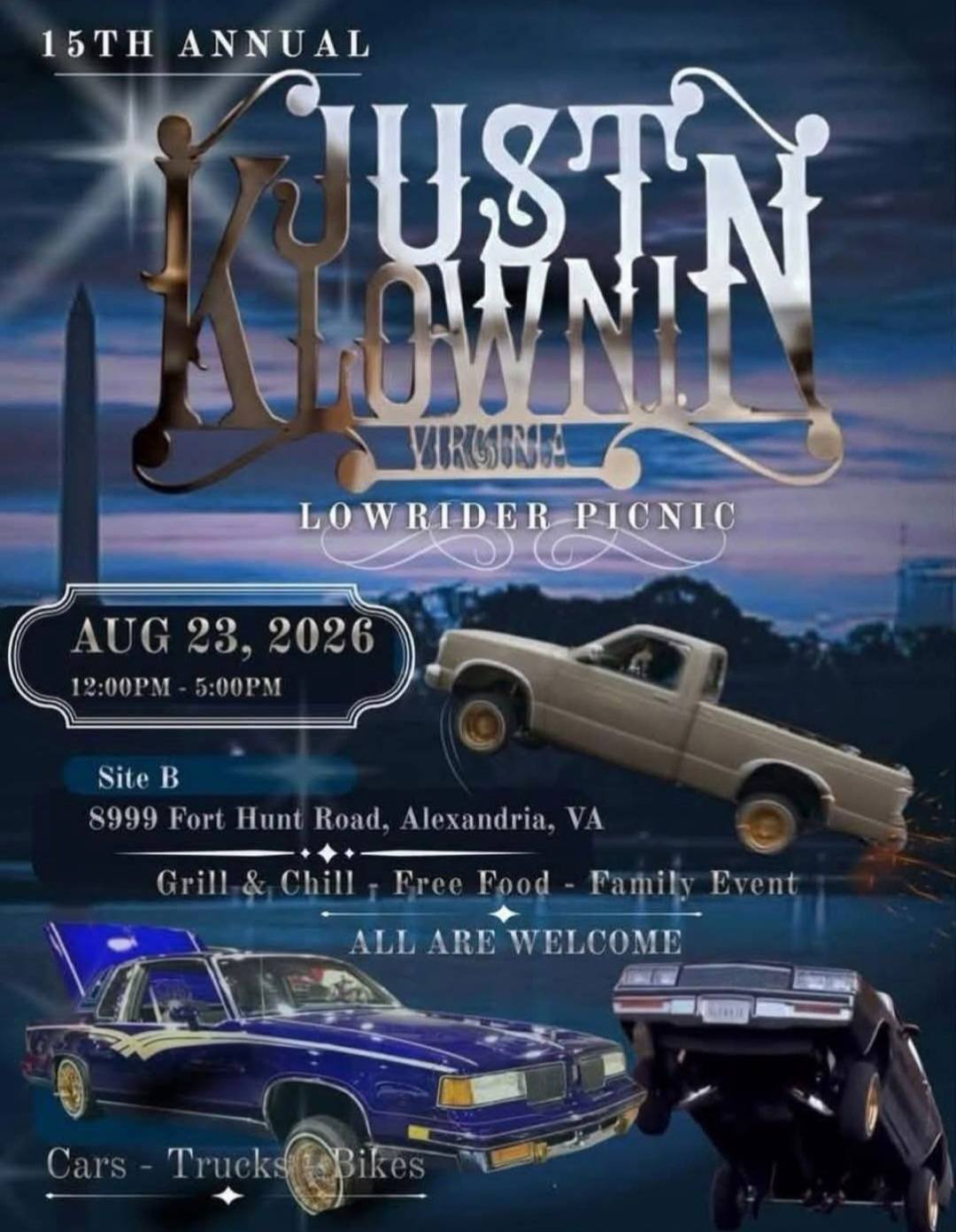 15th Annual Just Krownin Virginia Lowrider Picnic event at Site B in Alexandria, VA on August 23, 2026