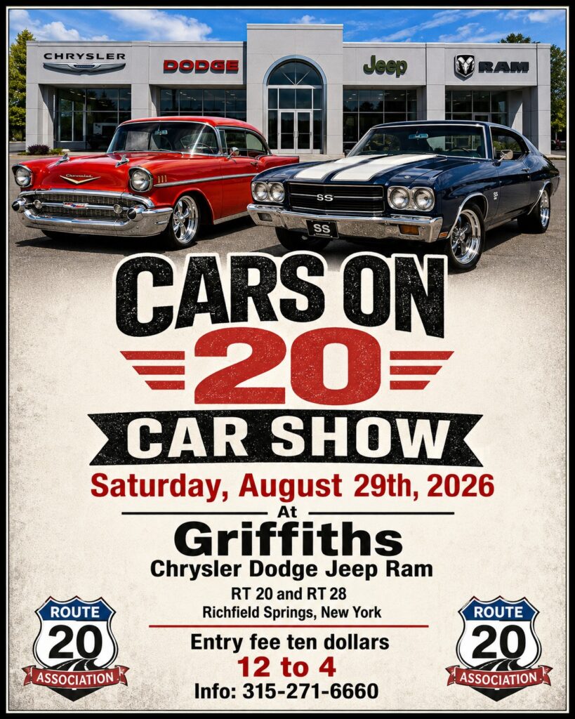 Carson 20 Car Show event at Griffiths Chrysler Dodge Jeep Ram in Richfield Springs, NY on August 29, 2026