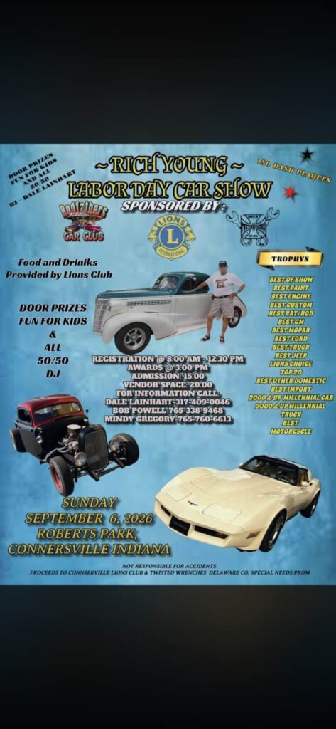 Rich Young Labor Day Car Show event at Roberts Park in Connersville, IN on September 6, 2026
