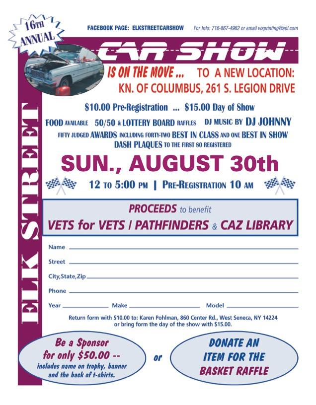 16th Annual Elk Street Car Show event at Knights of Columbus in West Seneca, NY on August 30, 2026
