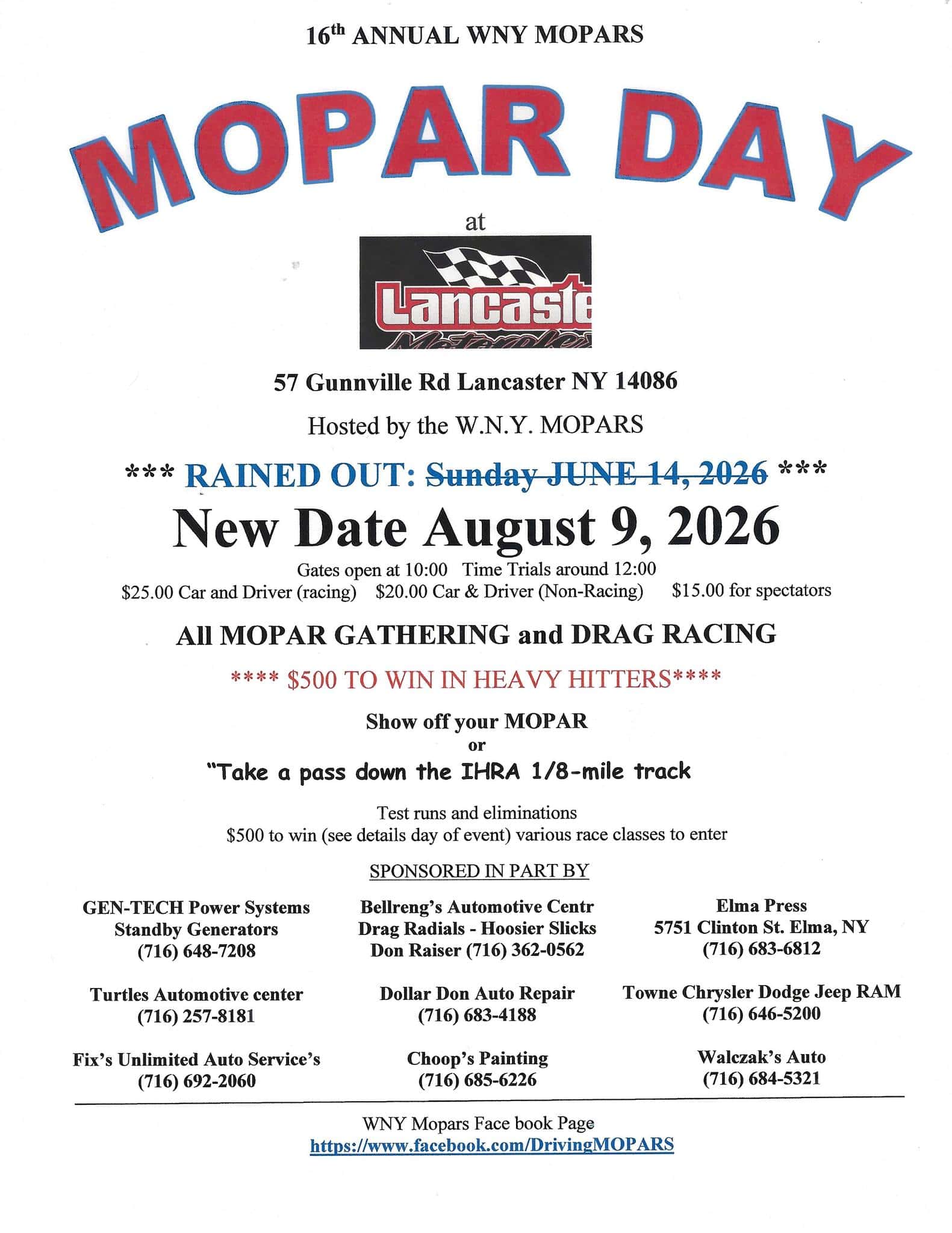 16th Annual WNY Mopars Mopar Day at Lancaster Speedway event at Lancaster Speedway in Lancaster, NY on August 9, 2026