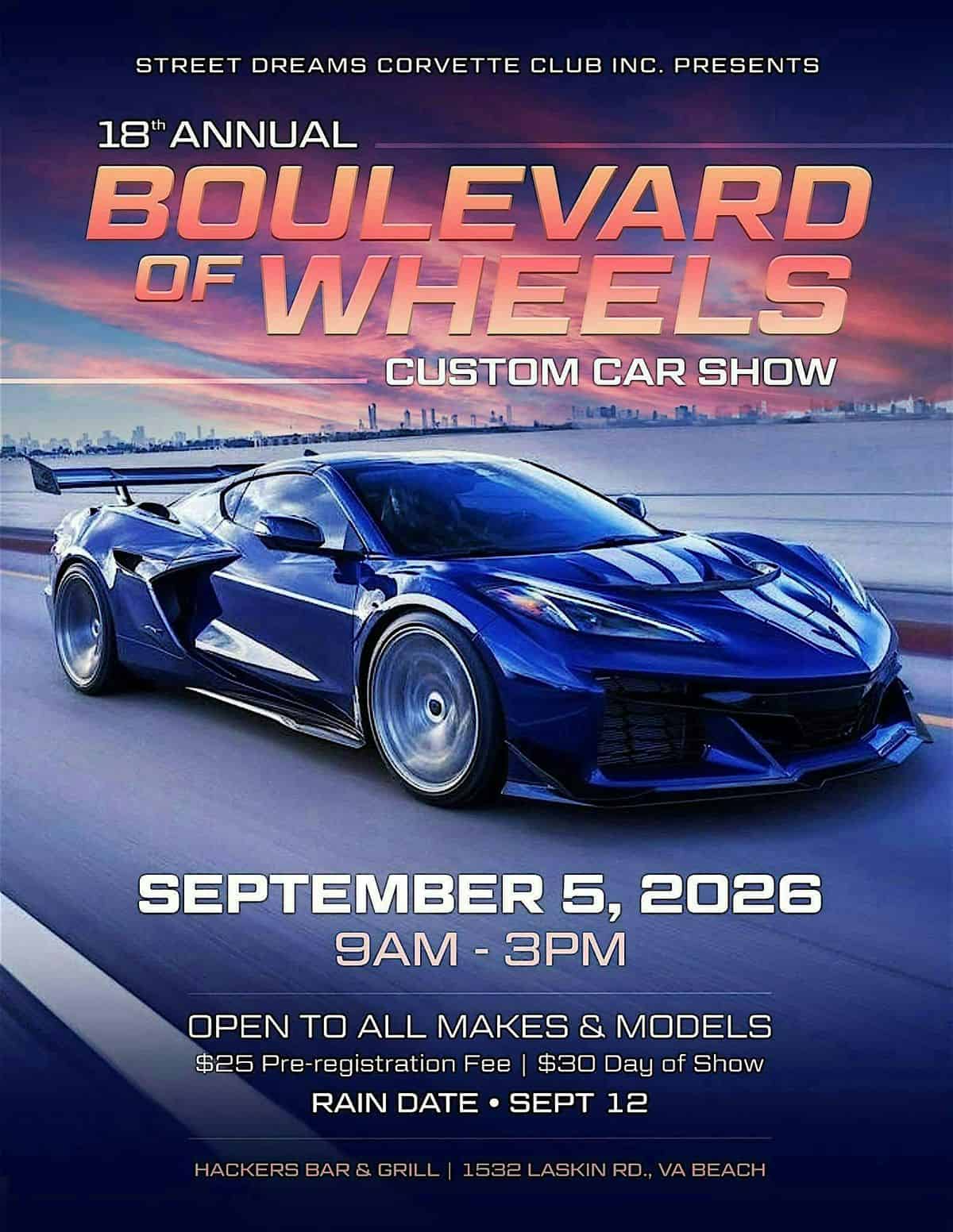 18th Annual Boulevard of Wheels event at Hackers Bar & Grill in Virginia Beach, VA on September 5, 2026