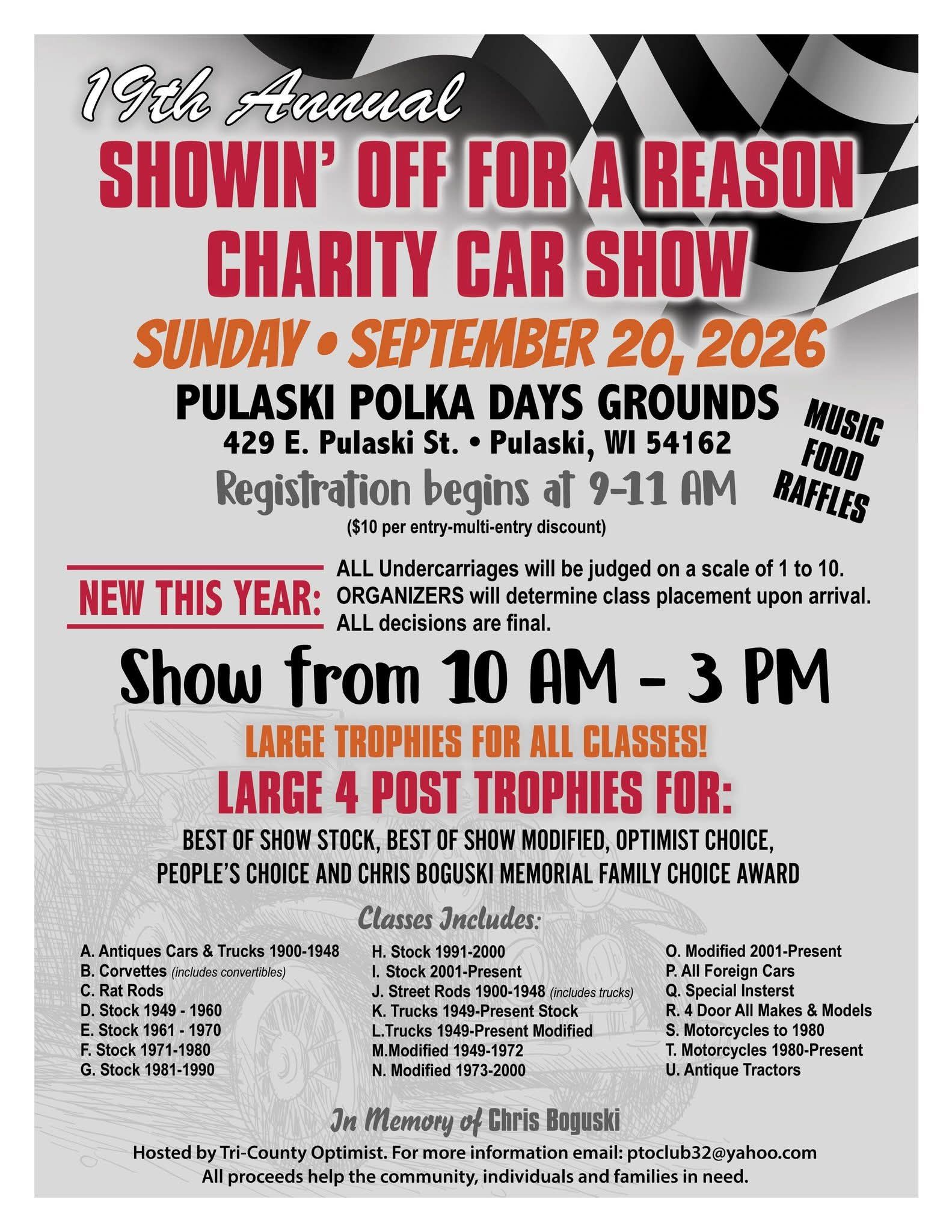 19th Annual Showin' Off for a Reason Charity Car Show event at Pulaski Polka Days Grounds in Pulaski, WI on September 20, 2026