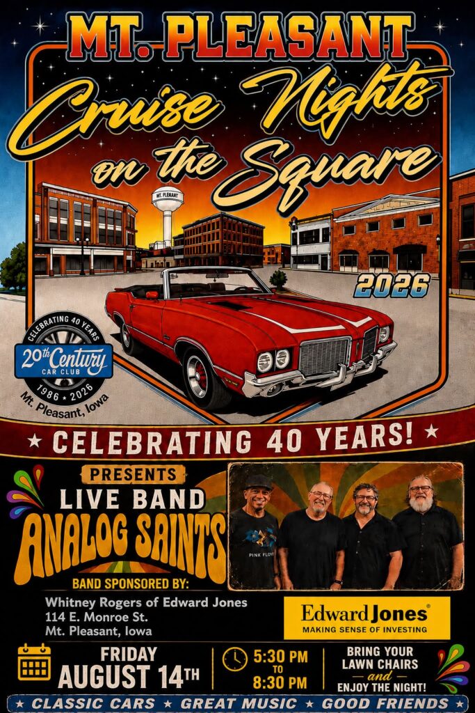 Mt. Pleasant Cruise Nights on the Square event at on the Square in Mt. Pleasant, IA on August 14, 2026