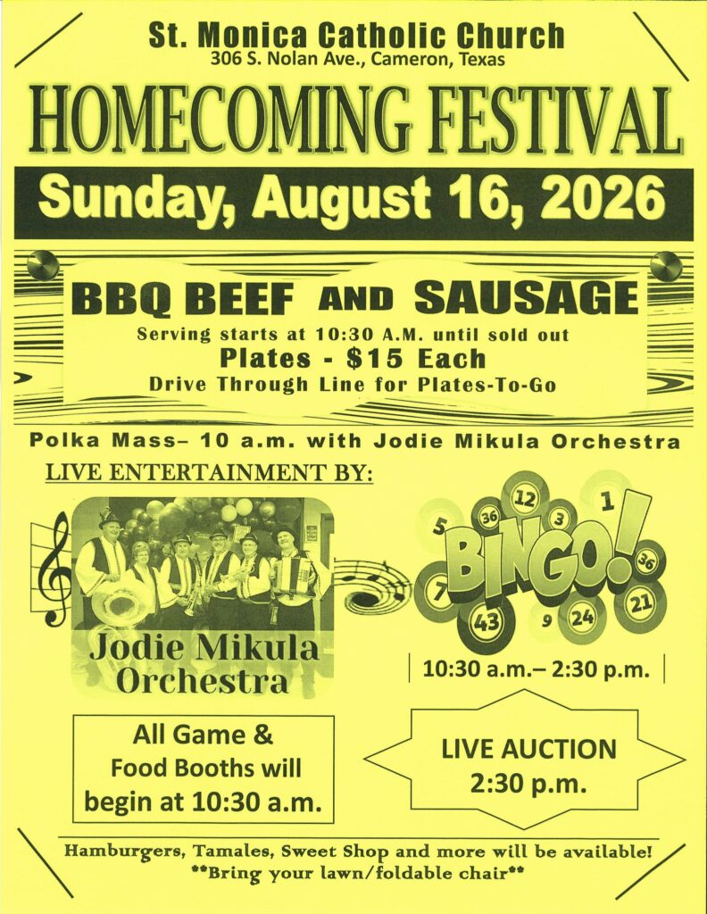 St. Monica Catholic Church Homecoming Festival event at St. Monica Catholic Church in Cameron, TX on August 16, 2026
