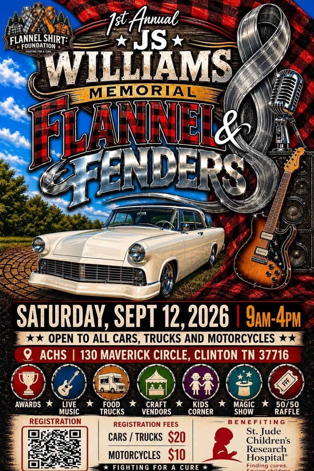 1st Annual JS Williams Memorial Flannel & Fenders event at Anderson County High School in Clinton, TN on September 12, 2026