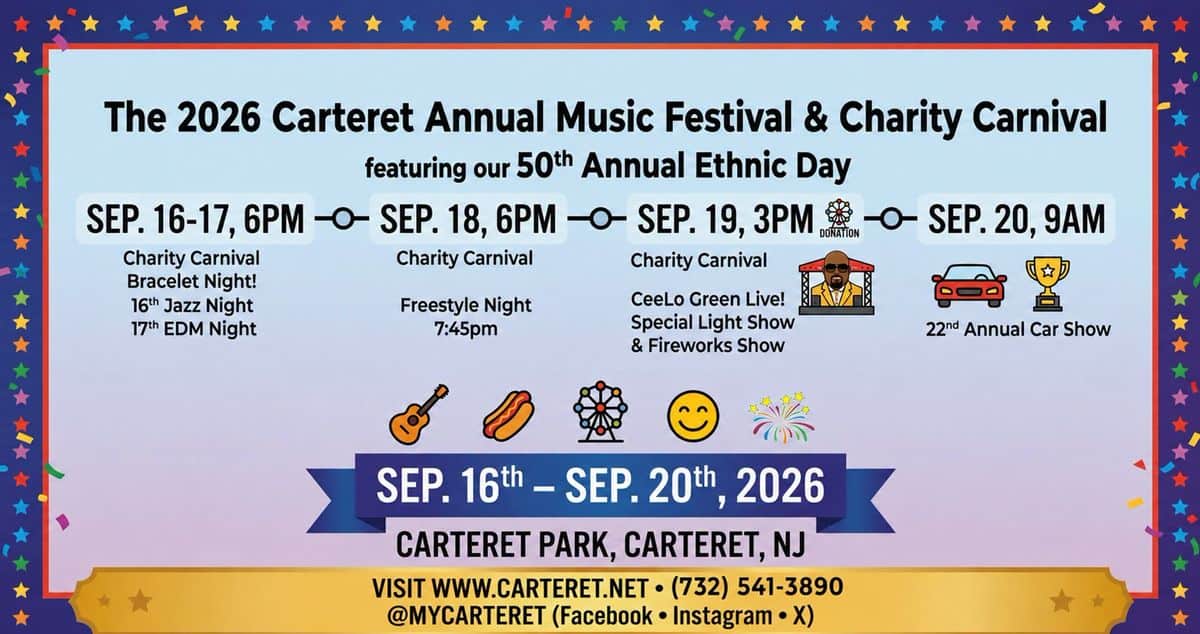 2026 Carteret Annual Music Festival & Charity Carnival featuring our 50th Annual Ethnic Day event at Carteret Park in Carteret, NJ on September 16, 2026