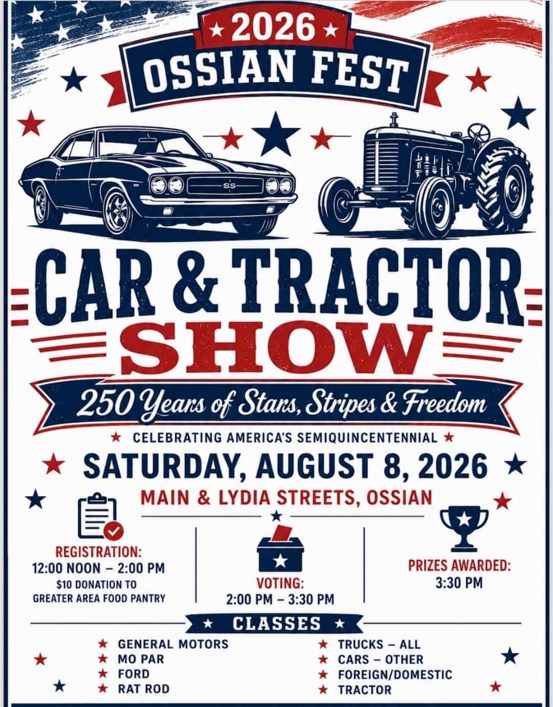 2026 Ossian Fest Car & Tractor Show event at Main & Lydia Streets in Ossian, IA on August 8, 2026