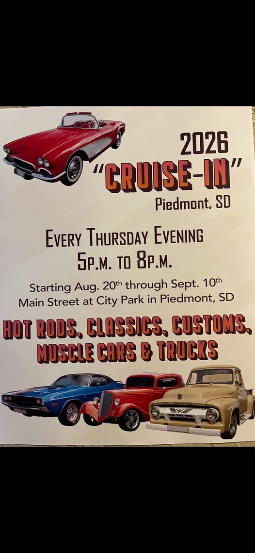 2026 Piedmont SD Cruise-In event at City Park in Piedmont, SD on August 21, 2026
