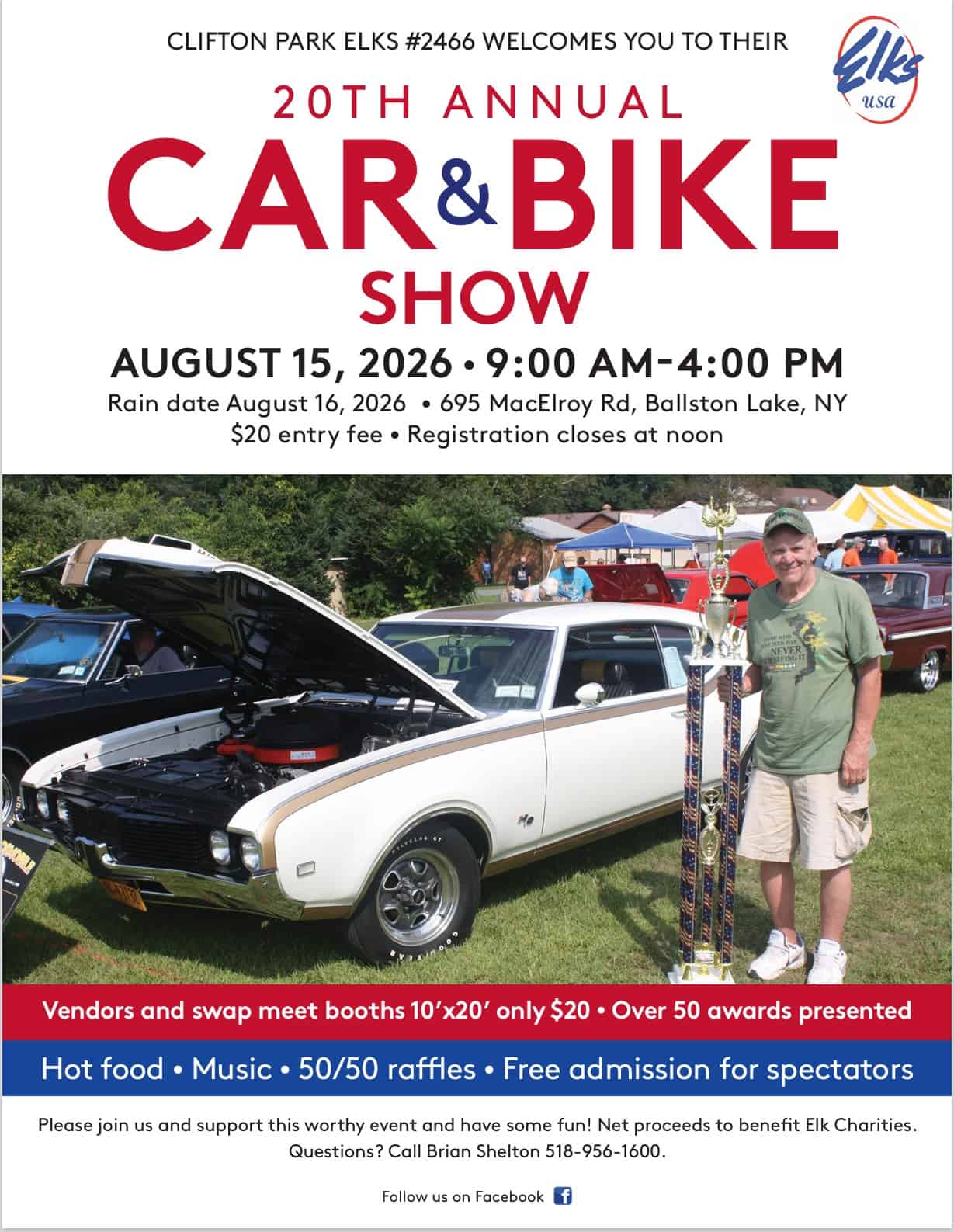 20th Annual Clifton Park Elks Car & Bike Show event at 695 MacElroy Rd in Ballston Lake, NY on August 15, 2026