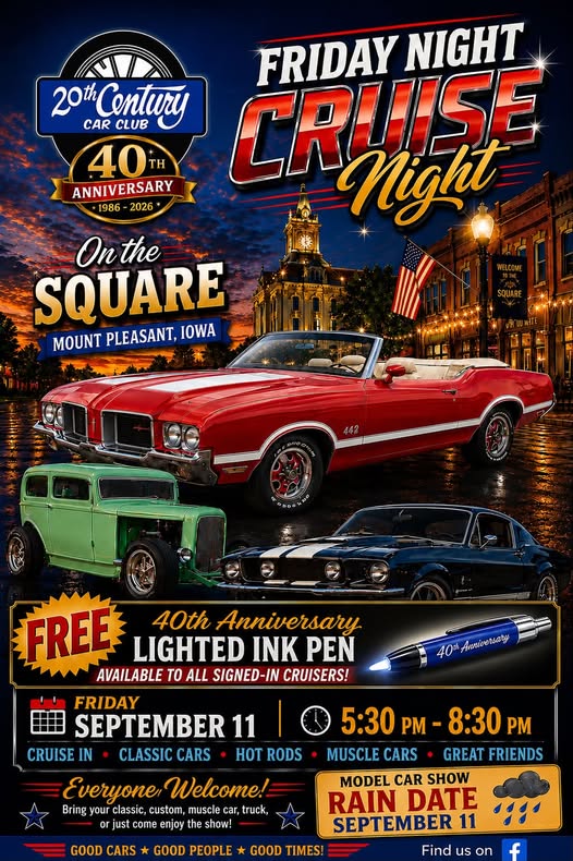 20th Century Car Club Friday Night Cruise event at On the Square in Mount Pleasant, IA on September 11, 2026