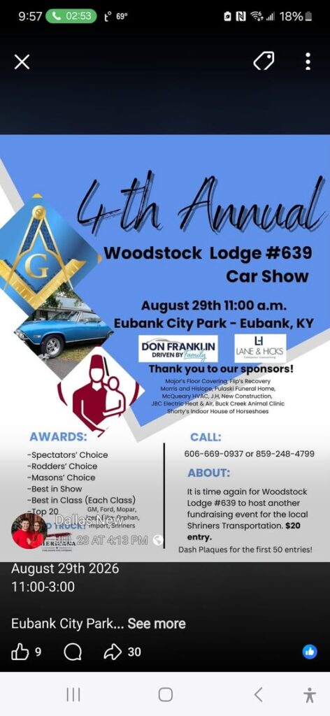 Woodstock Lodge #639 4th Annual Car Show event at Eubank City Park in Eubank, KY on August 29, 2026