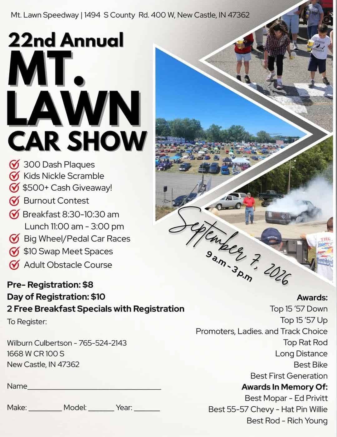 22nd Annual Mt. Lawn Car Show event at Mt. Lawn Speedway in New Castle, IN on September 7, 2026