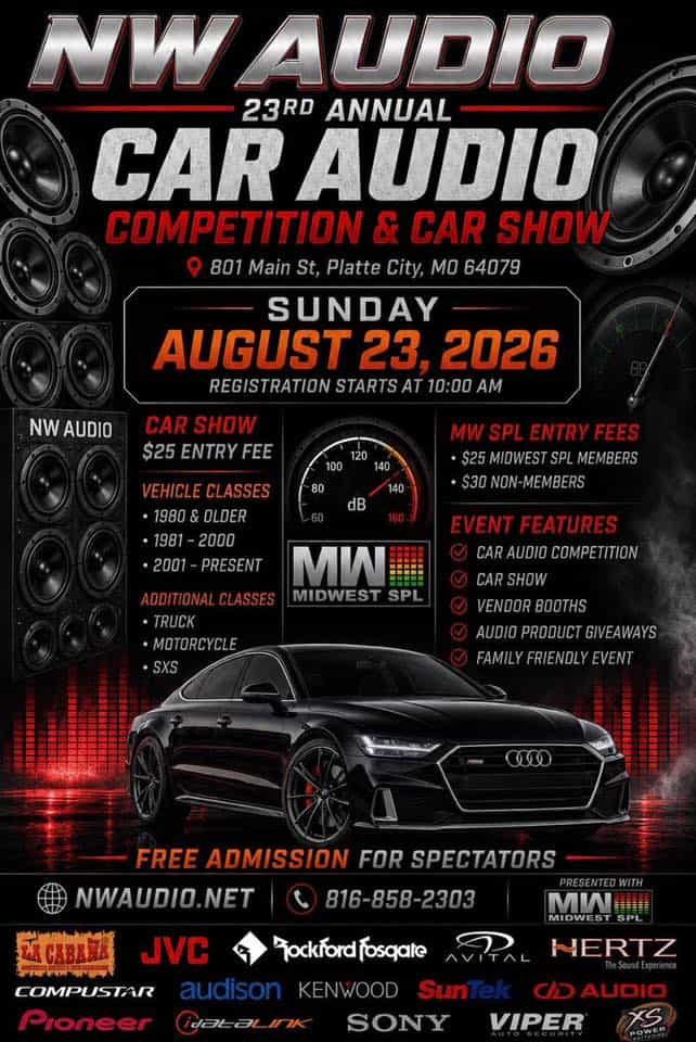 23rd Annual Car Audio Competition & Car Show event at 801 Main St in Platte City, MO on August 23, 2026