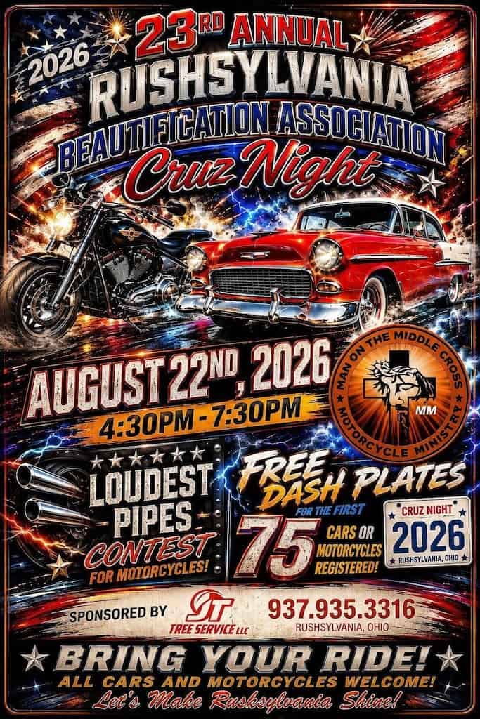 23rd Annual Rushsylvania Beautification Association Cruz Night event at Downtown Rushsylvania in Rushsylvania, OH on August 22, 2026