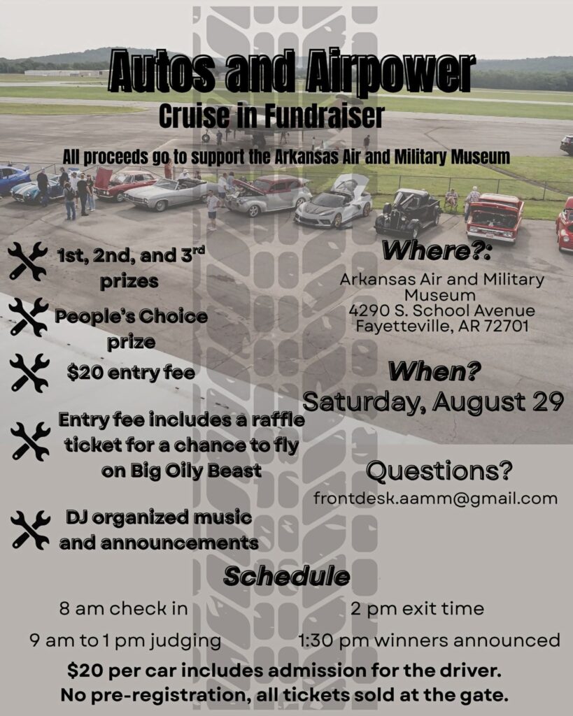 Autos and Airpower Cruise in Fundraiser event at Arkansas Air and Military Museum in Fayetteville, AR on August 29, 2026
