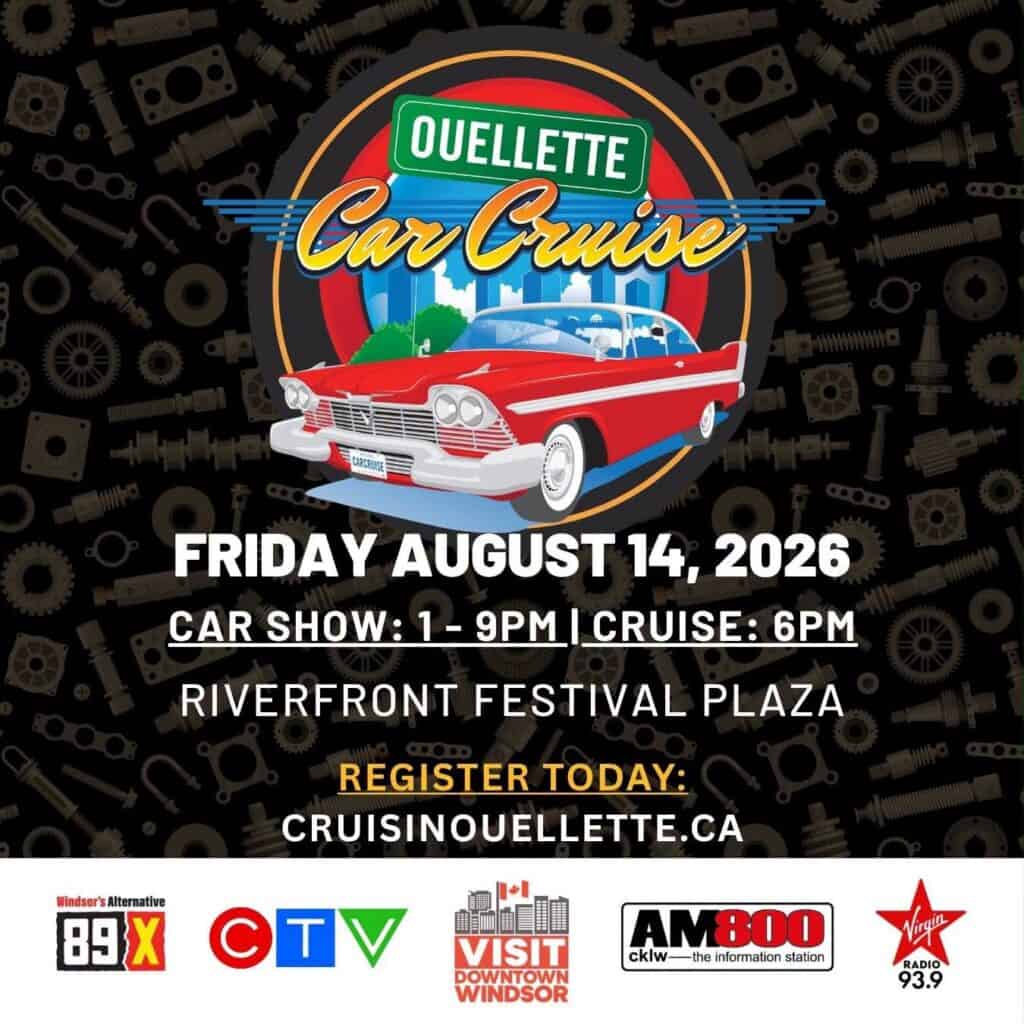 Ouellette Car Cruise event at Riverfront Festival Plaza in Windsor, ON on August 14, 2026