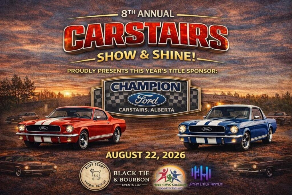 8th Annual Carstairs Show & Shine event at 350 11th Avenue in Carstairs, AB on August 22, 2026
