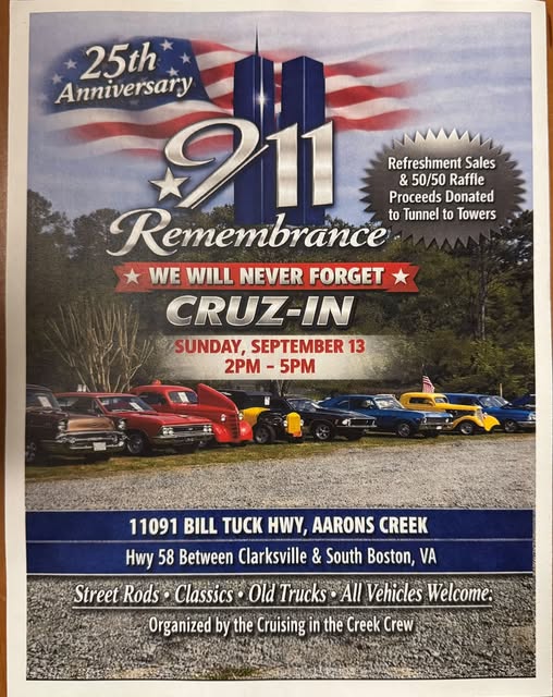 25th Anniversary 9/11 Remembrance Cruz-In event at 11091 Bill Tuck Hwy in Aarons Creek, VA on September 13, 2026