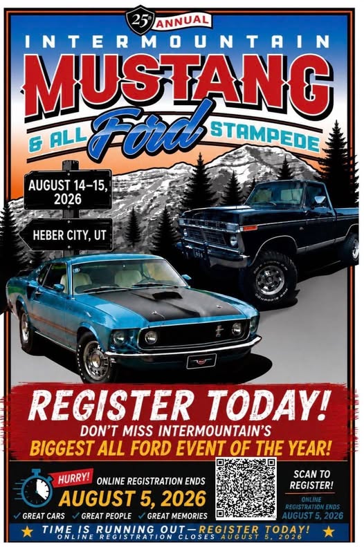 25th Annual Intermountain Mustang & All Ford Stampede event at Heber City Main Street Park in Heber City, UT on August 14, 2026