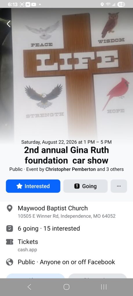 2nd Annual Gina Ruth Foundation Car Show event at Maywood Baptist Church in Independence, MO on August 22, 2026