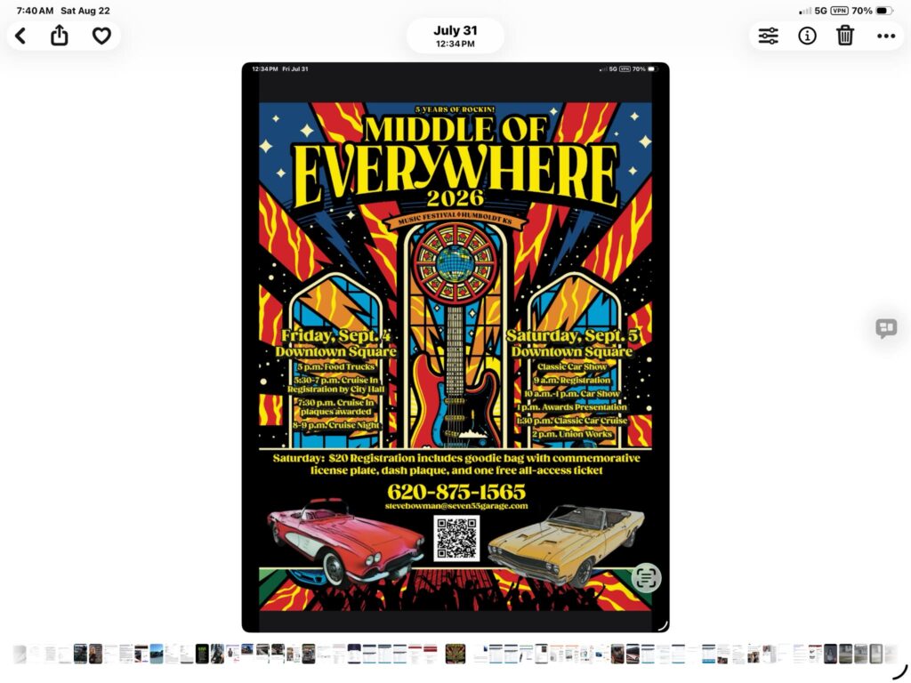 Middle of Everywhere Music Festival event at Downtown Square in Humboldt, KS on September 4, 2026