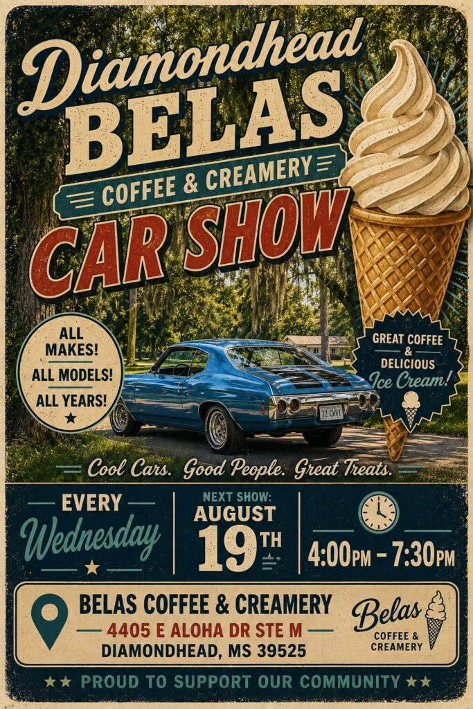 Belas Coffee & Creamery Car Show event at Belas Coffee & Creamery in Diamondhead, MS on August 19, 2026