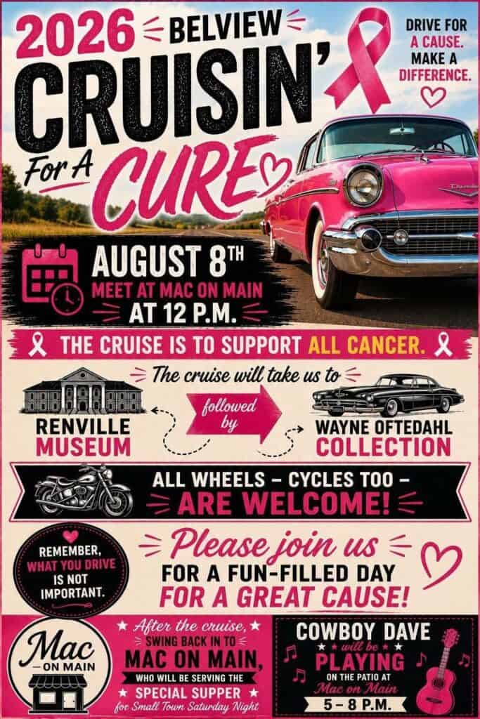 Belview Cruisin' for a Cure event at Mac on Main in Belview, MN on August 8, 2026