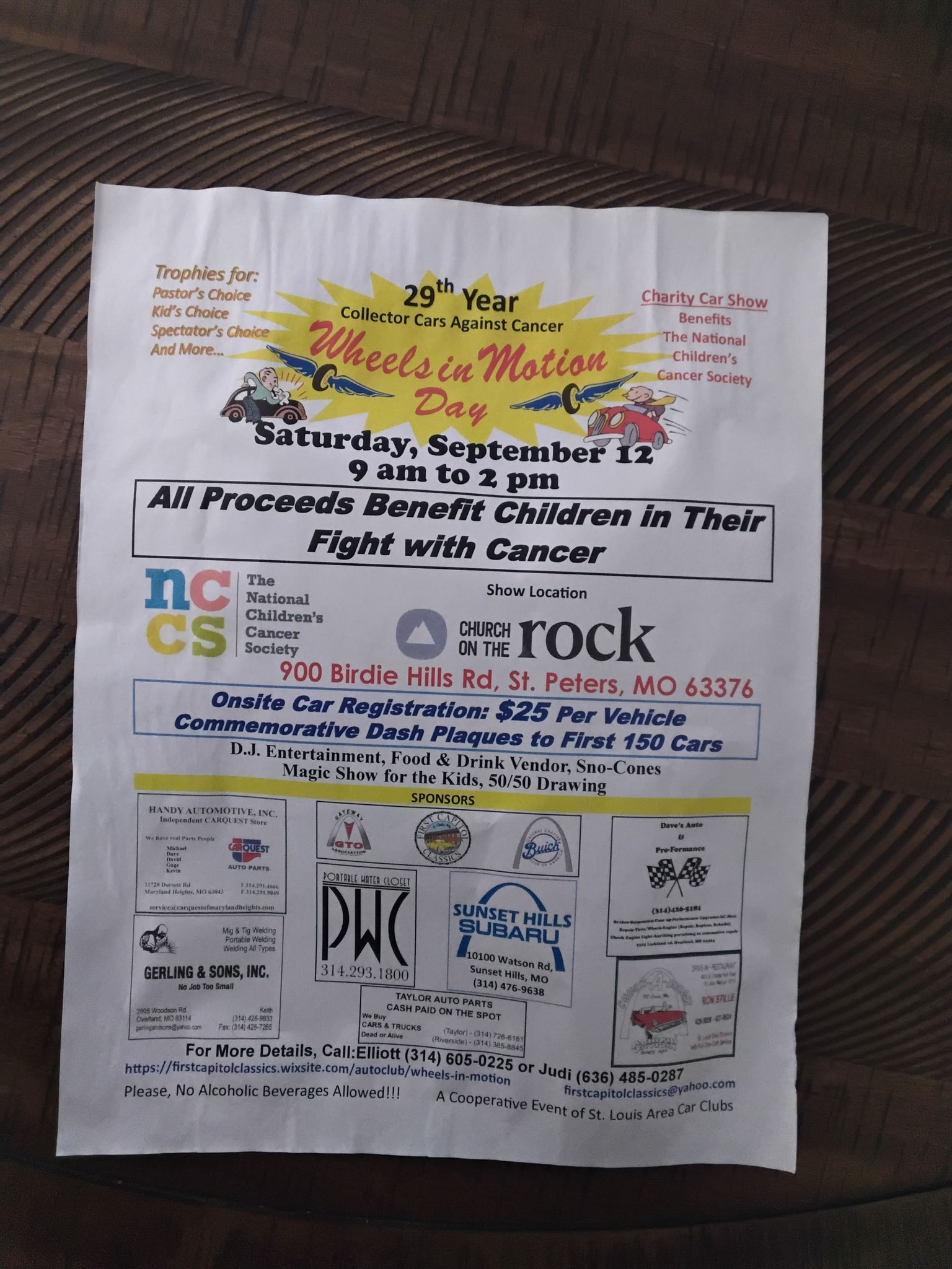 29th Year Collector Cars Against Cancer Wheels in Motion Day event at Church on the Rock in St. Peters, MO on September 12, 2026