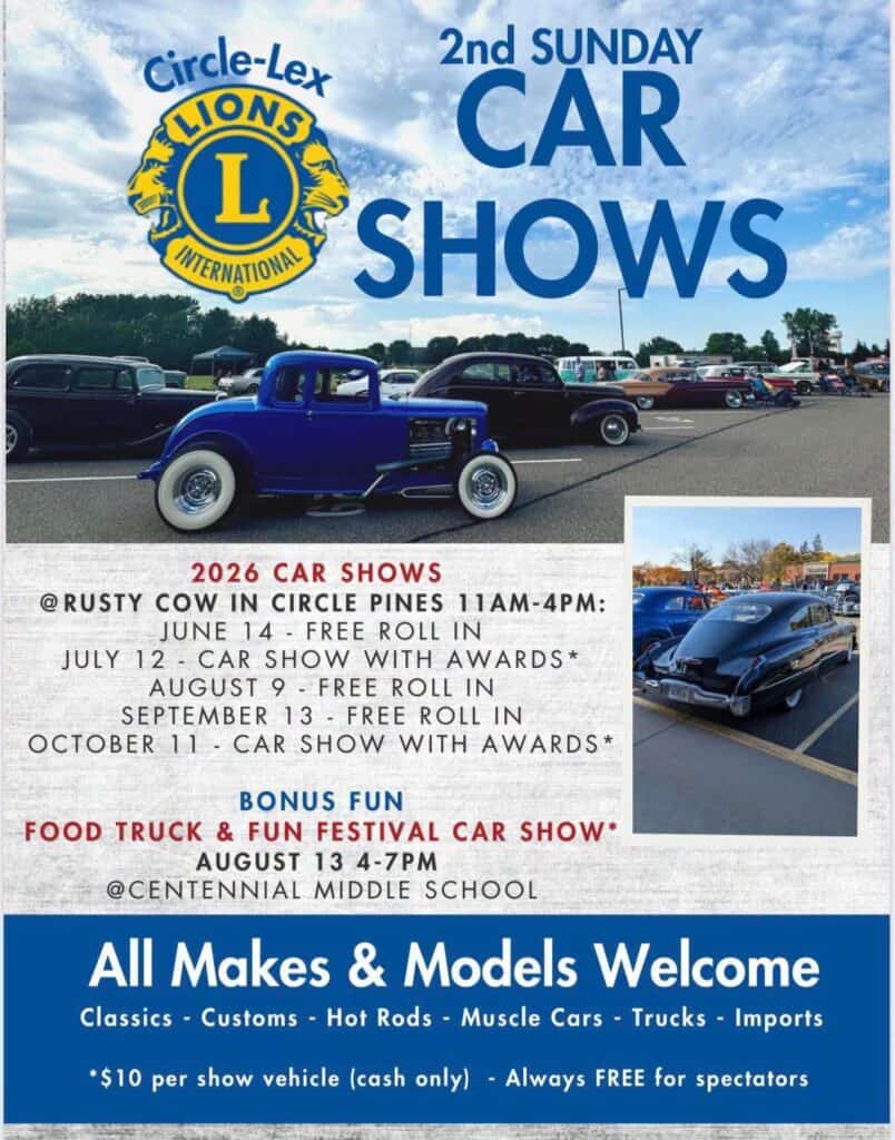 Circle-Lex Lions 2nd Sunday Car Shows event at Rusty Cow in Circle Pines, MN on August 9, 2026