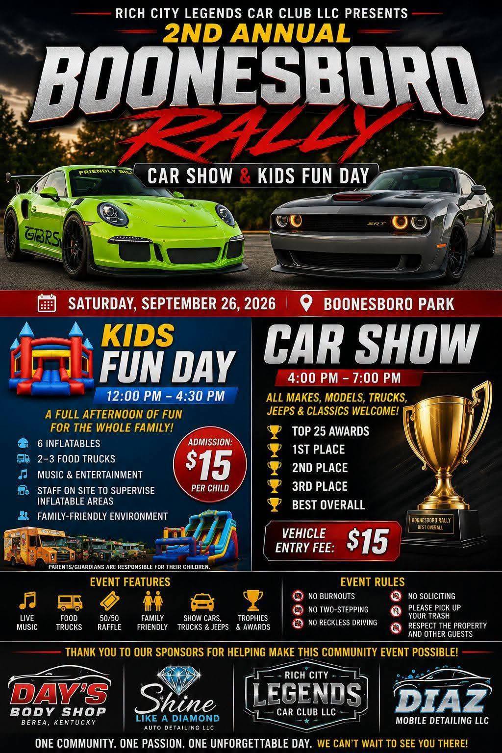 2nd Annual Boonesboro Rally Car Show & Kids Fun Day event at Boonesboro Park in Richmond, KY on September 26, 2026