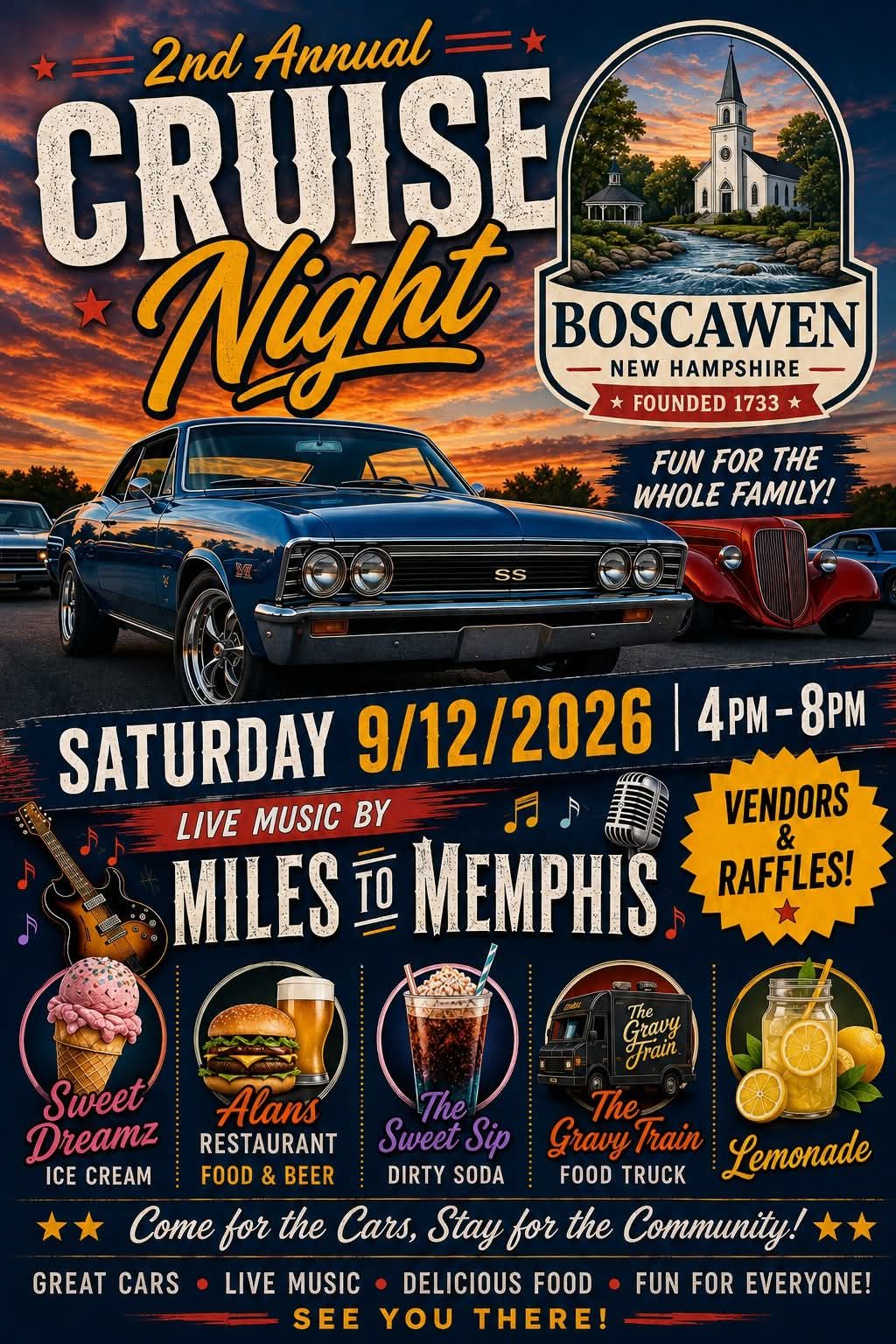 2nd Annual Boscawen Cruise Night event at Boscawen Municipal Facility in Boscawen, NH on September 12, 2026