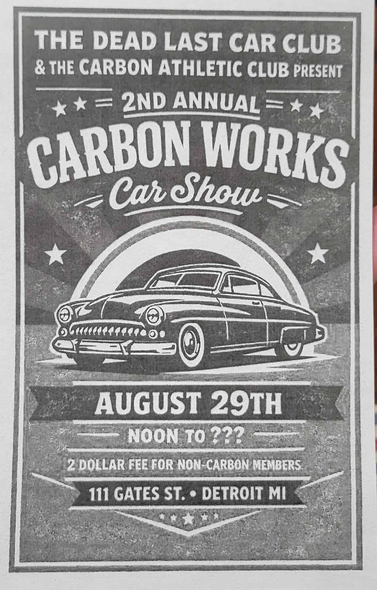 2nd Annual Carbon Works Car Show event at Carbon Athletic Club in Detroit, MI on August 29, 2026