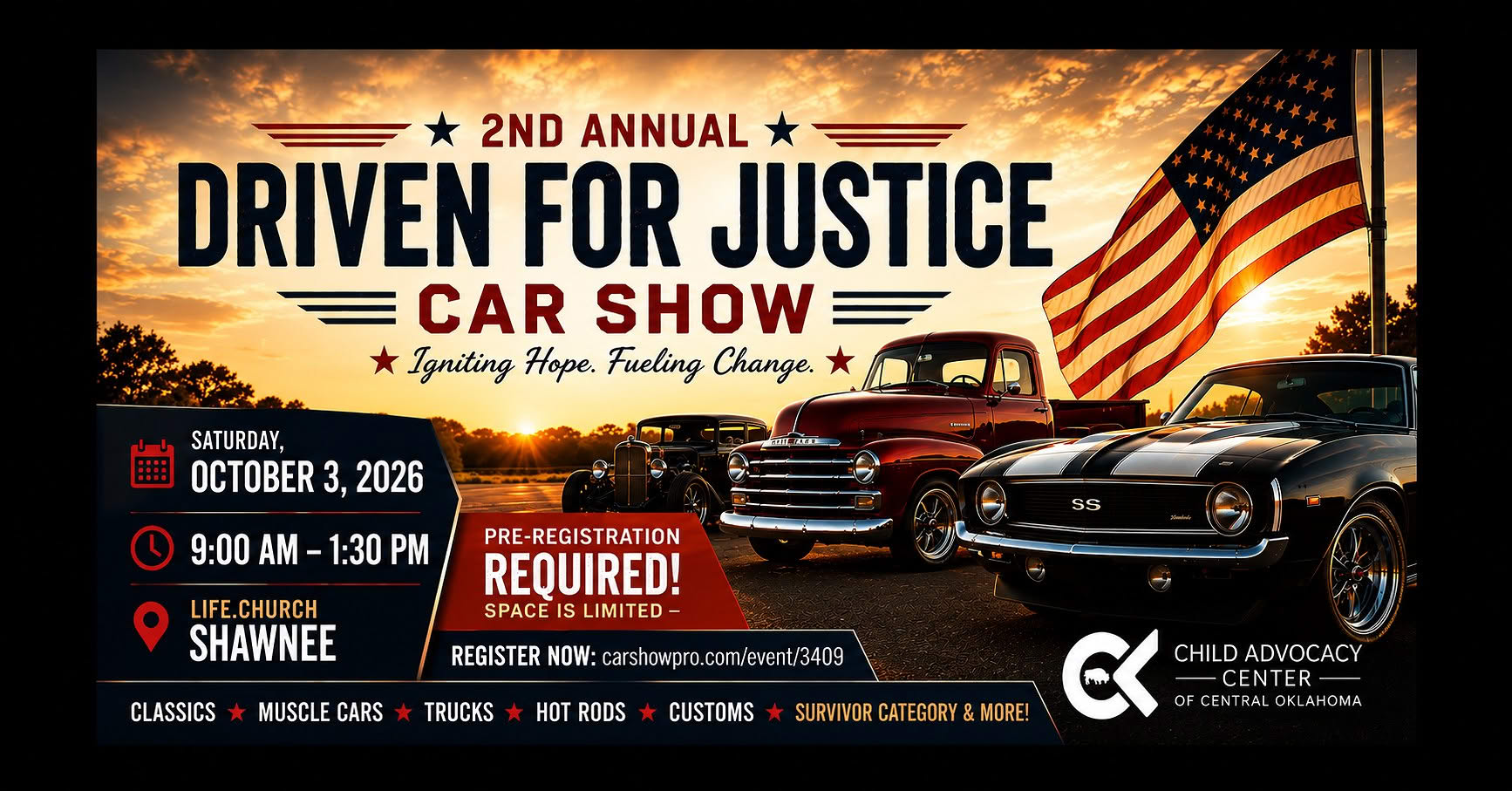 2nd Annual Driven for Justice Car Show event at Life.Church Shawnee in Shawnee, OK on October 3, 2026