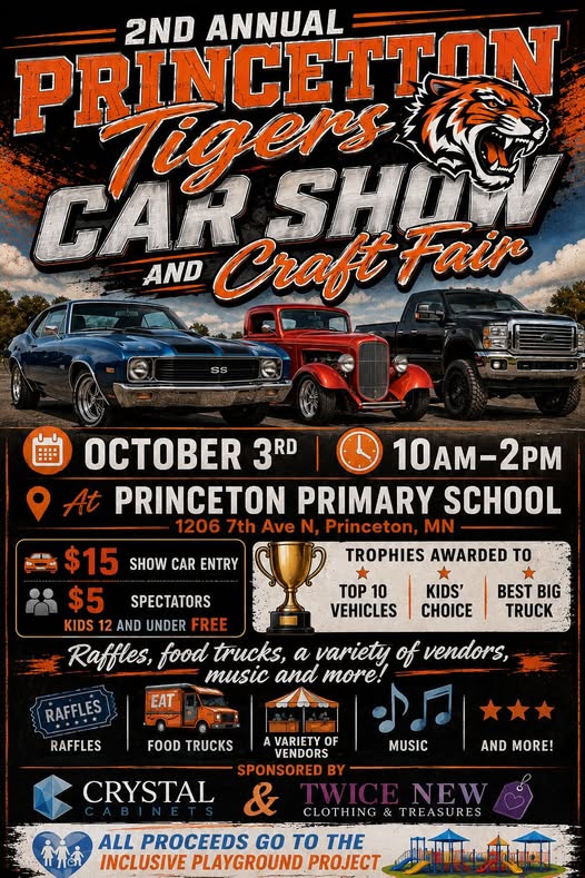 2nd Annual Princeton Tigers Car Show and Craft Fair event at Princeton Primary School in Princeton, MN on October 3, 2026