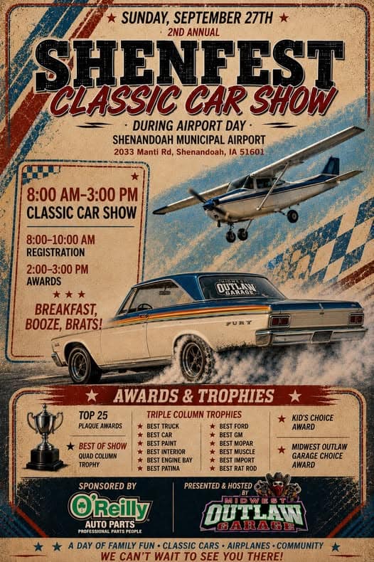 2nd Annual Shenfest Classic Car Show event at Shenandoah Municipal Airport in Shenandoah, IA on September 27, 2026