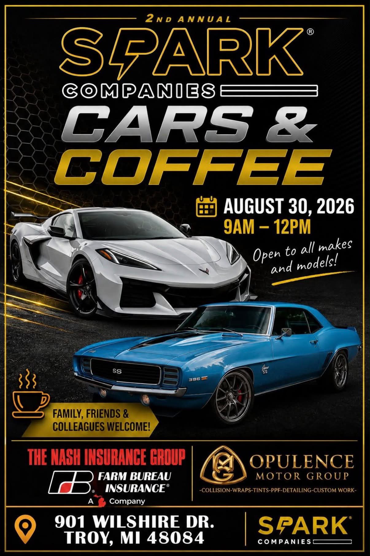 2nd Annual Spark Companies Cars & Coffee event at 901 Wilshire Dr. in Troy, MI on August 30, 2026