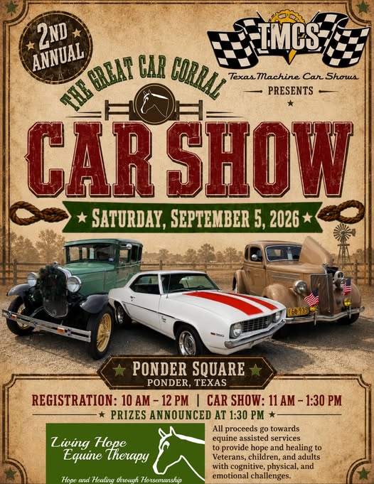 2nd Annual the Great Car Corral Car Show event at Ponder Square in Ponder, TX on September 5, 2026