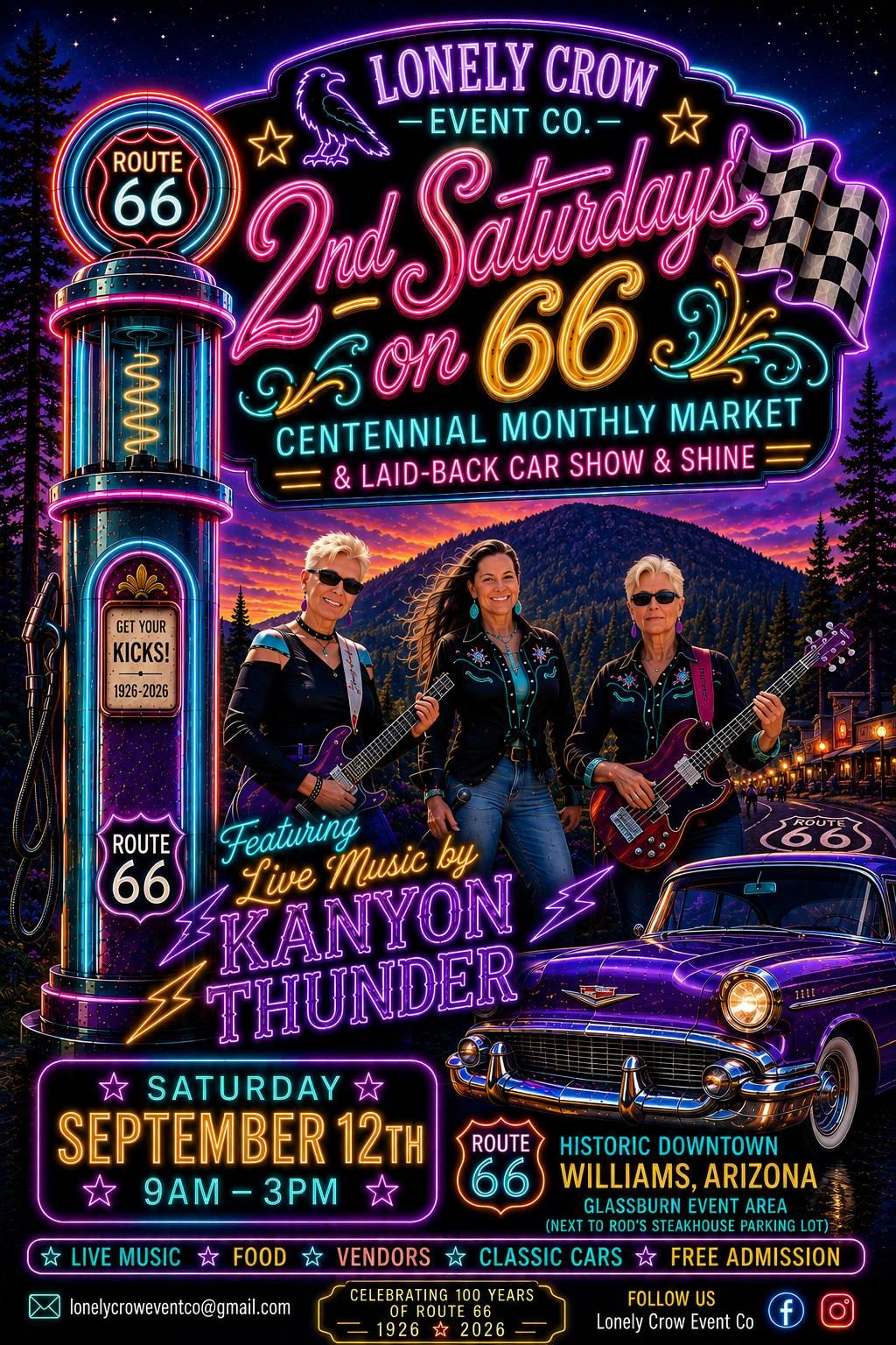 2nd Saturdays on 66 Centennial Monthly Market & Laid-Back Car Show & Shine event at Historic Downtown Williams in Williams, AZ on September 12, 2026