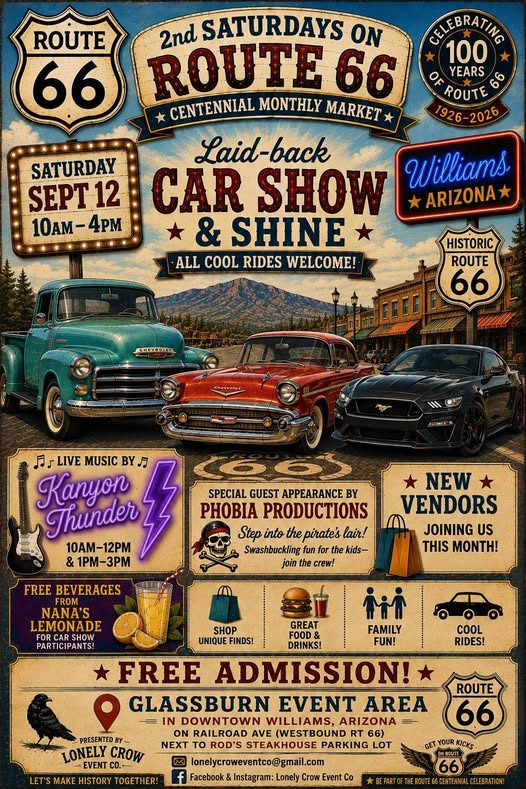 2nd Saturdays on Route 66 Car Show & Shine event at Glassburn Event Area in Williams, AZ on September 12, 2026
