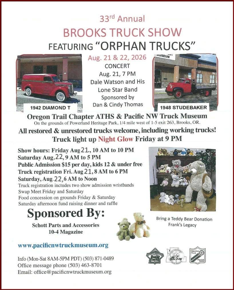 33rd Annual Brooks Truck Show event at Powerland Heritage Park in Brooks, OR on August 21, 2026