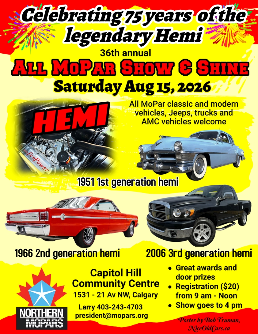 36th Annual All Mopar Show & Shine event at Capitol Hill Community Centre in Calgary, AB on August 15, 2026