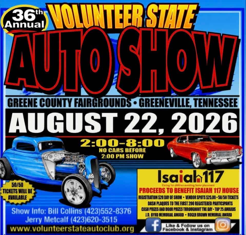 36th Annual Volunteer State Auto Show event at Greene County Fairgrounds in Greeneville, TN on August 22, 2026