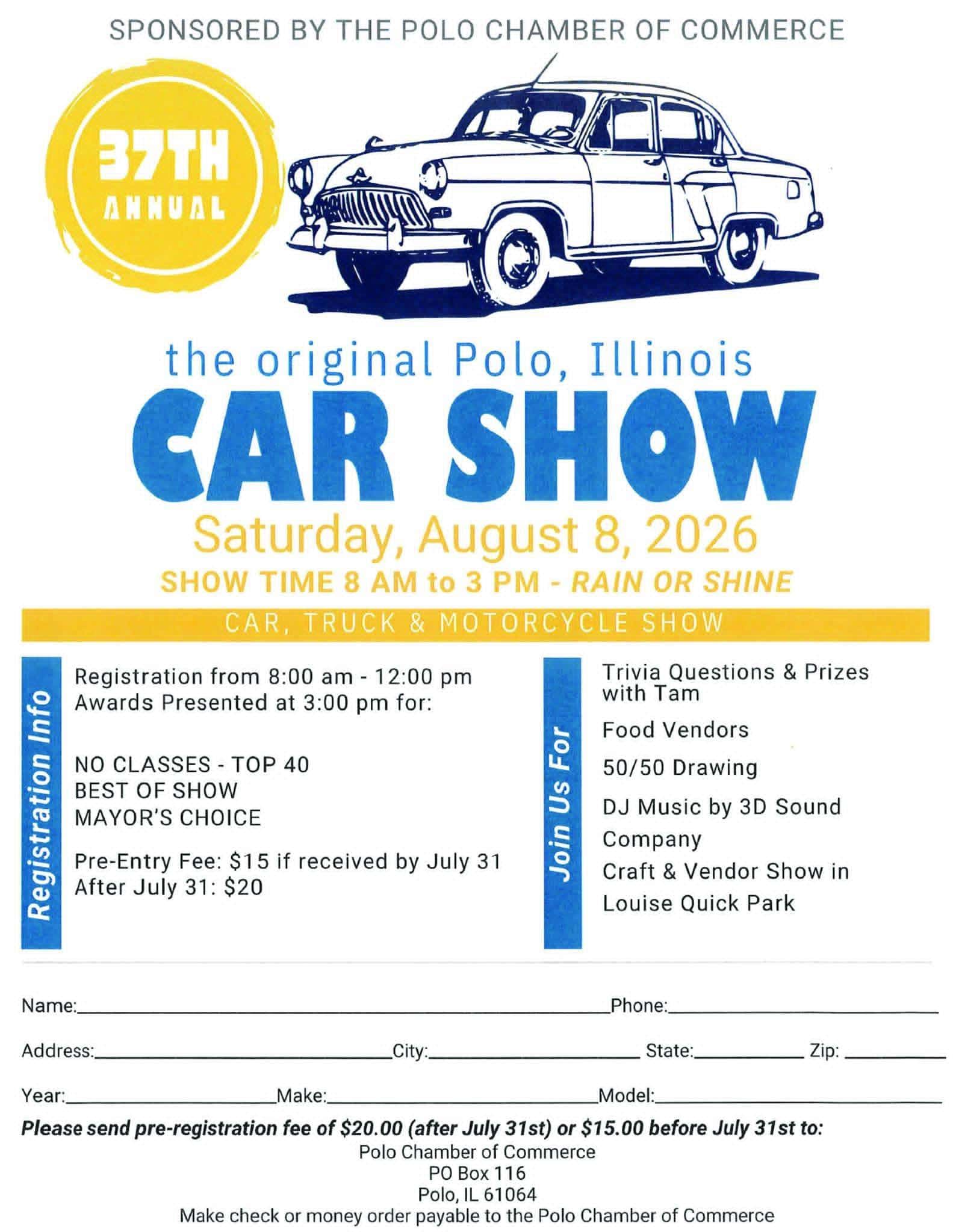 37th Annual Polo Chamber of Commerce Car Show event at Louise Quick Park in Polo, IL on August 8, 2026