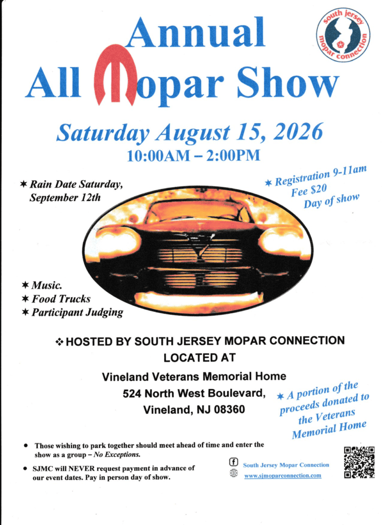 South Jersey Mopar Connection Annual All Mopar Show event at Vineland Veterans Memorial Home in Vineland, NJ on August 15, 2026